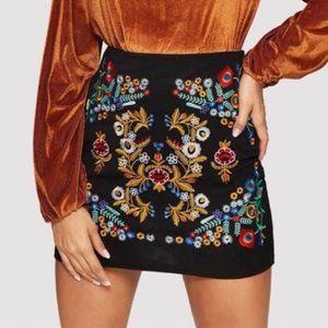 Umgee Multi-Color Floral Embroidered High Waist Cotton Blend Mini Skirt Sz S